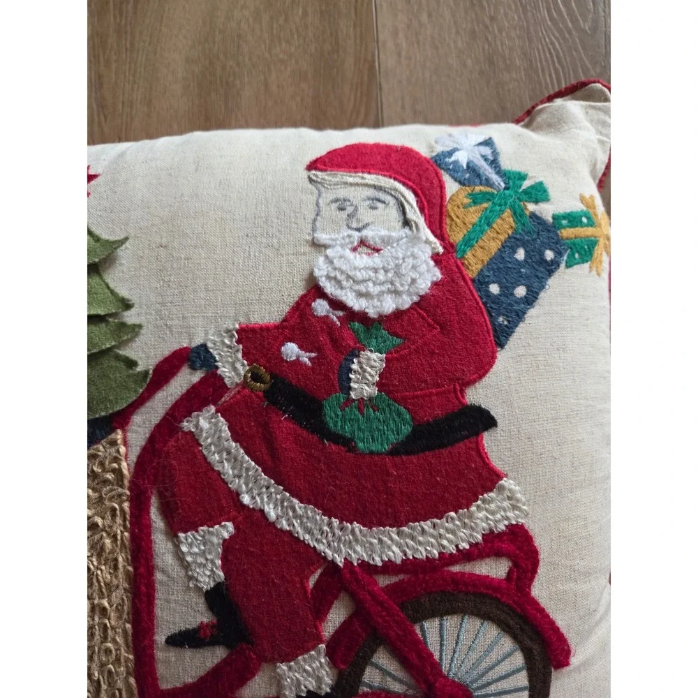 World Market Embroidered Santa‎ Christmas Bike Pillow Cover Red